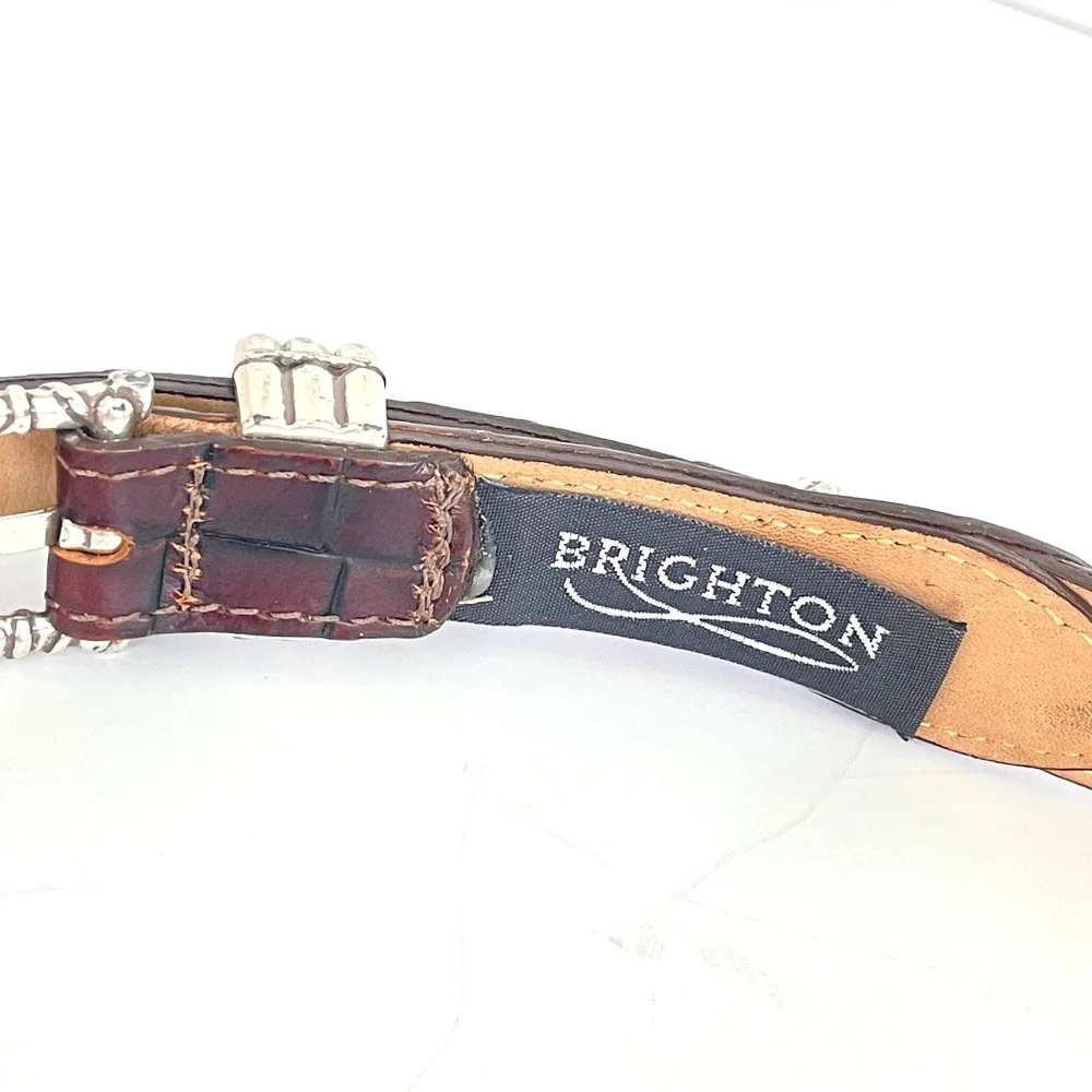 Brighton Womens Brown Croc Embossed Leather Canvas Belt Silver Buckle Size 32